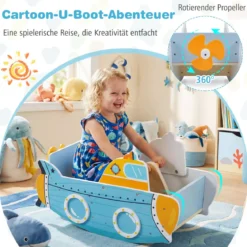Kinder Schaukelboot mit Nautischem Design & Drehbarem Propeller & Birkenholz-Griffe Schaukelpferd