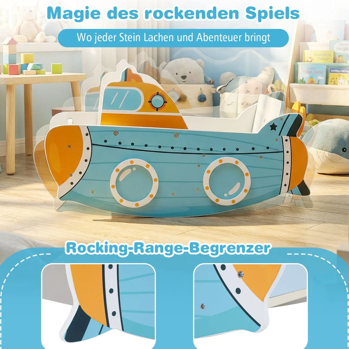 Kinder Schaukelboot mit Nautischem Design & Drehbarem Propeller & Birkenholz-Griffe Schaukelpferd