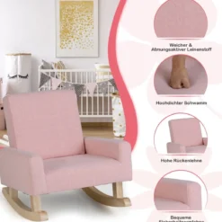 Kinderschaukelstuhl Gepolsterter Kindersessel aus Pappelholz für Kinderzimmer Rosa