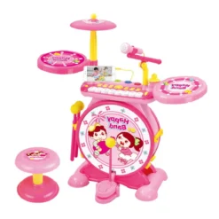 Kinderschlagzeug Kinder E-Trommel & Keyboard-Set mit Keyboard Hocker Mikrofon Rosa