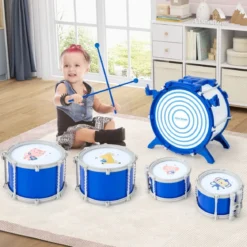 Kinder Schlagzeug Set mit Hocker & Notenständer & Fußpedal Trommel Set Schlaginstrument Blau