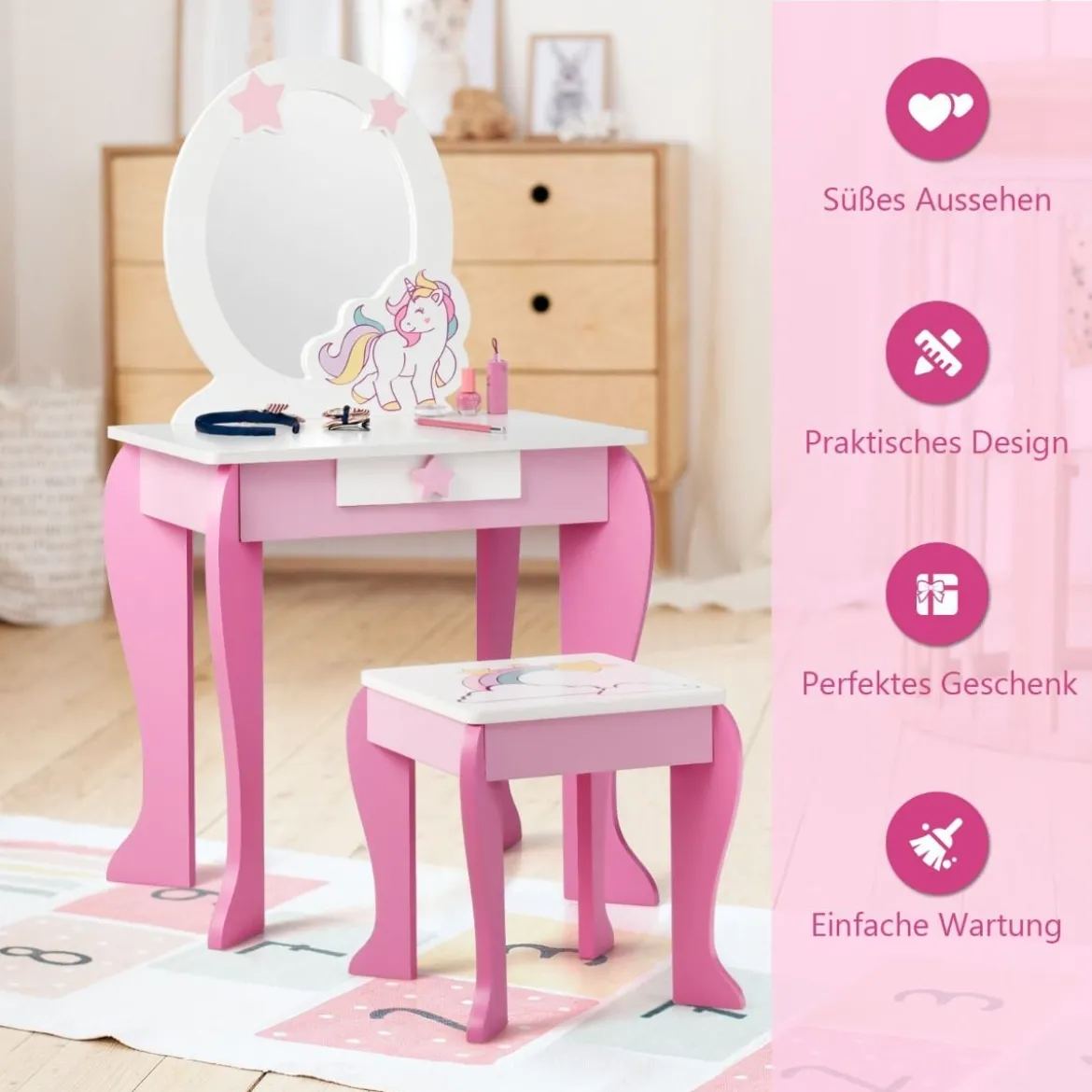 Kinder Schminktisch aus Holz mit Hocker & Abnehmbarer Spiegel & Schublade Rosa