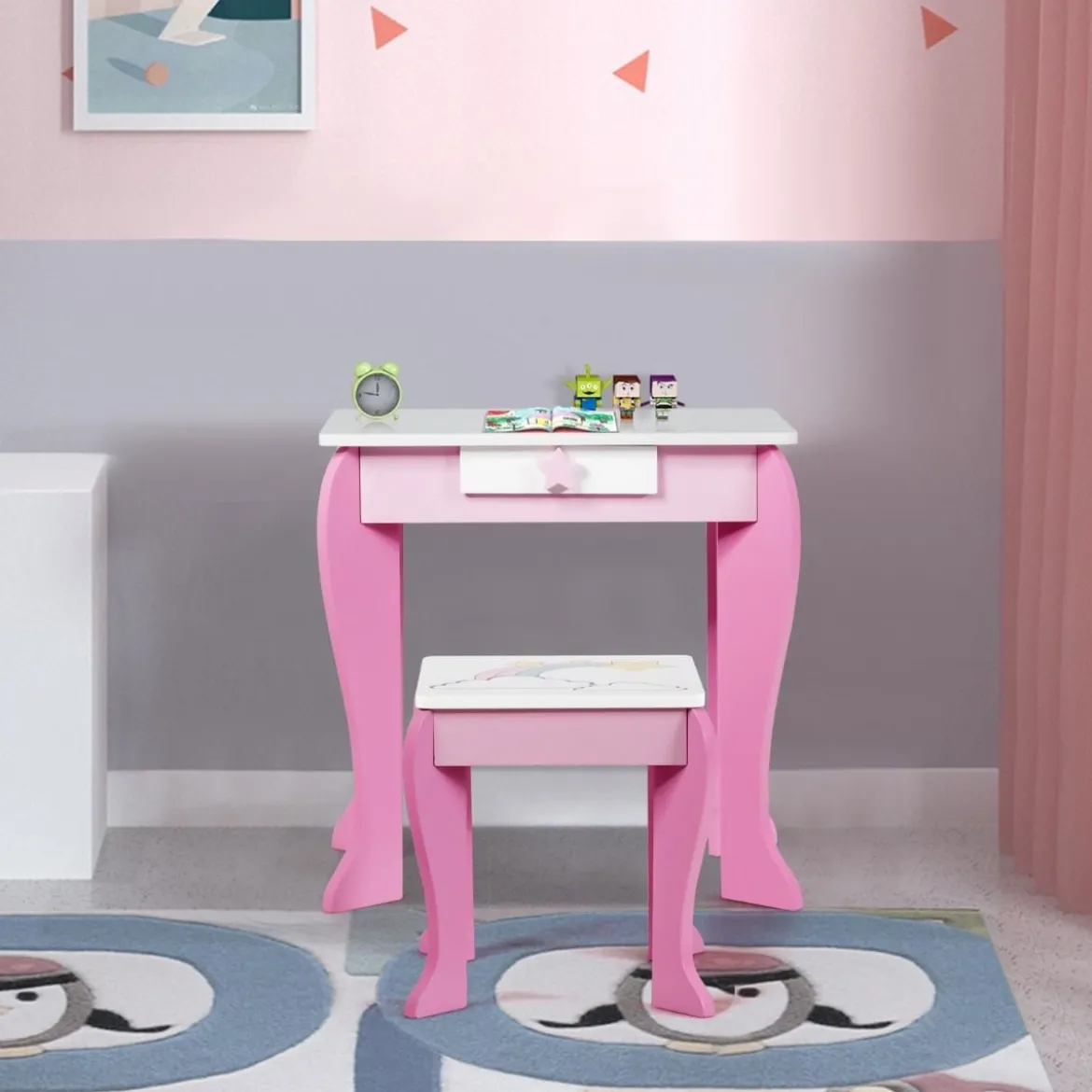 Kinder Schminktisch aus Holz mit Hocker & Abnehmbarer Spiegel & Schublade Rosa