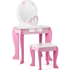 Kinder Schminktisch aus Holz mit Hocker & Abnehmbarer Spiegel & Schublade Rosa