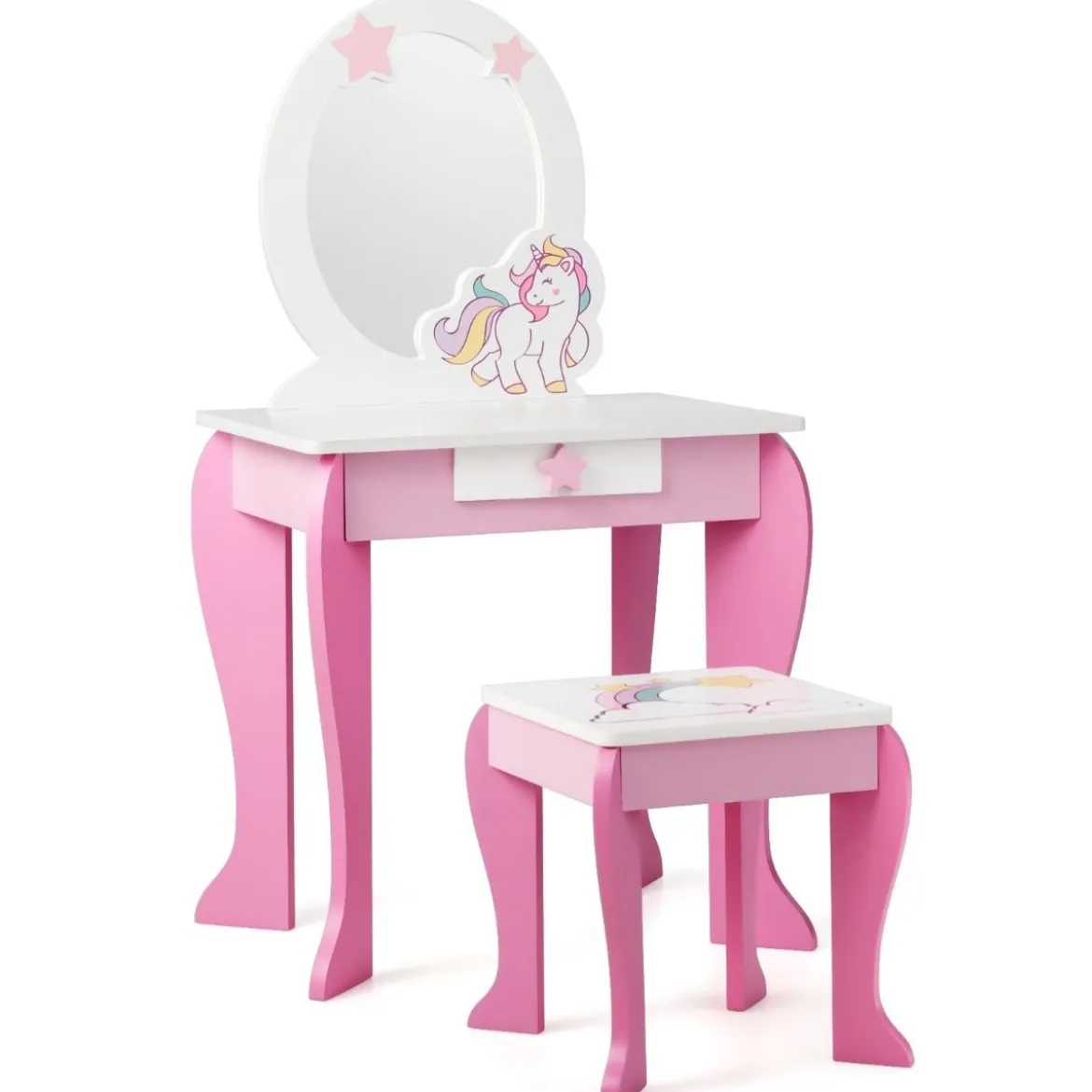 Kinder Schminktisch aus Holz mit Hocker & Abnehmbarer Spiegel & Schublade Rosa