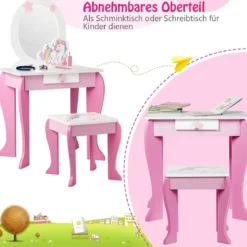Kinder Schminktisch aus Holz mit Hocker & Abnehmbarer Spiegel & Schublade Rosa