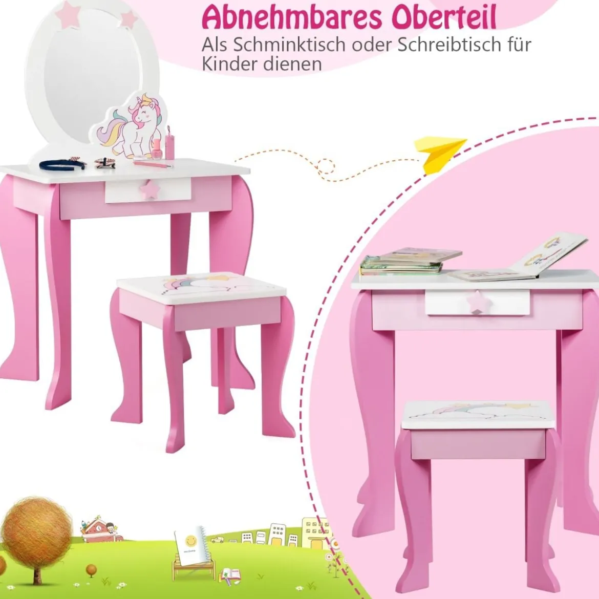 Kinder Schminktisch aus Holz mit Hocker & Abnehmbarer Spiegel & Schublade Rosa