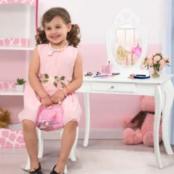 Kinder Schminktisch Frisiertisch Make-up Tisch mit Hocker und Spiegel Weiß