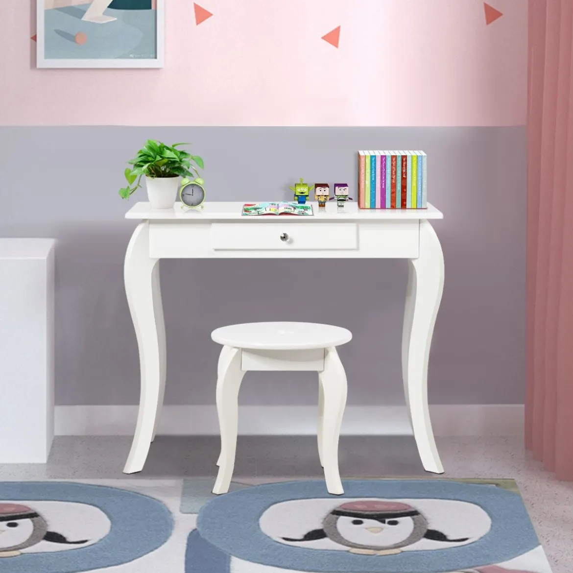 Kinder Schminktisch Frisiertisch Make-up Tisch mit Hocker und Spiegel Weiß
