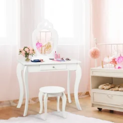 Kinder Schminktisch Frisiertisch Make-up Tisch mit Hocker und Spiegel Weiß