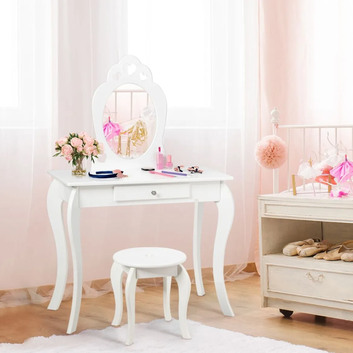 Kinder Schminktisch Frisiertisch Make-up Tisch mit Hocker und Spiegel Weiß