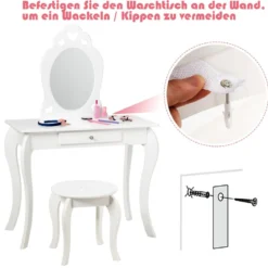 Kinder Schminktisch Frisiertisch Make-up Tisch mit Hocker und Spiegel Weiß