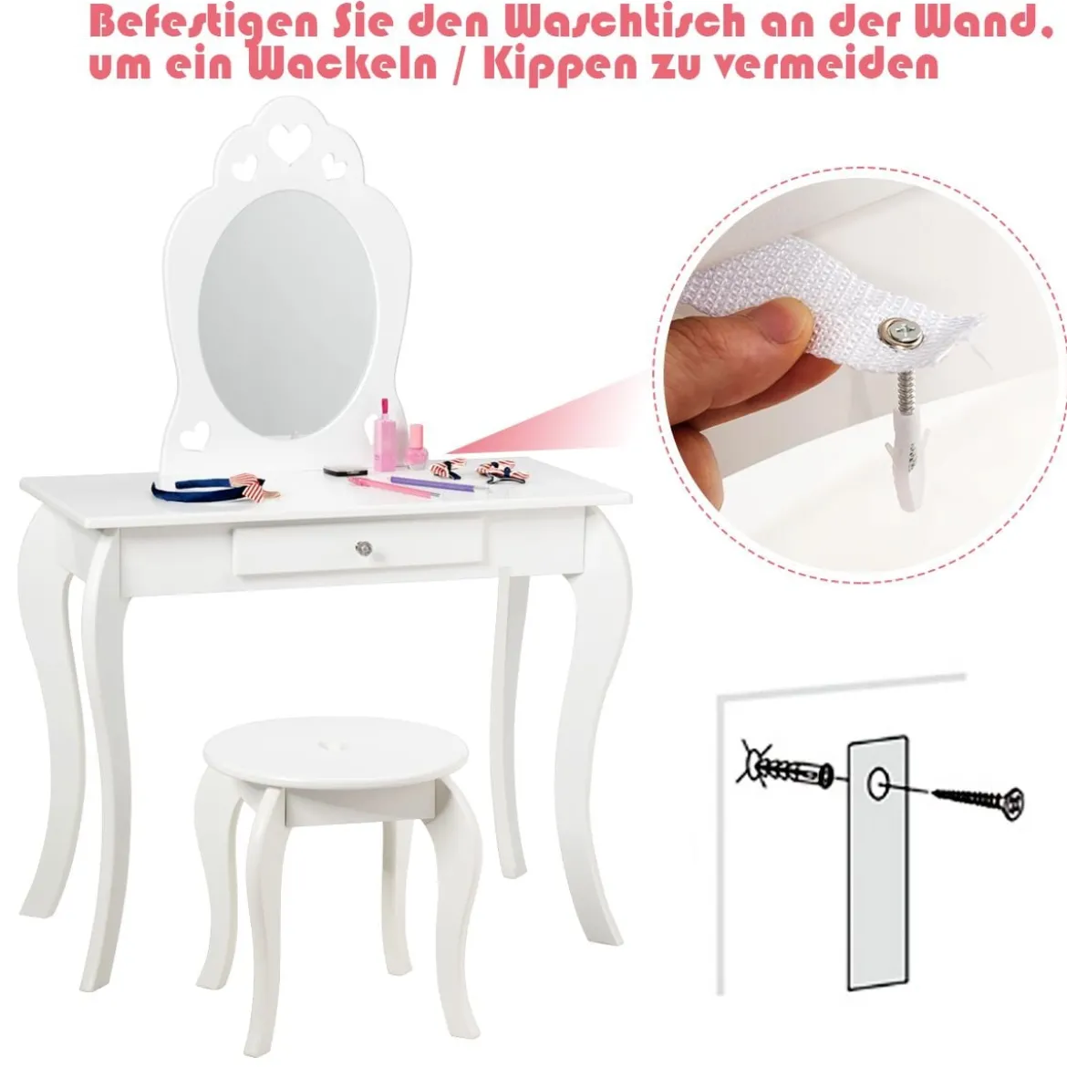 Kinder Schminktisch Frisiertisch Make-up Tisch mit Hocker und Spiegel Weiß