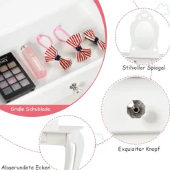 Kinder Schminktisch Frisiertisch Make-up Tisch mit Hocker und Spiegel Weiß