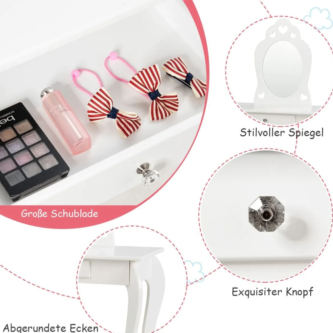 Kinder Schminktisch Frisiertisch Make-up Tisch mit Hocker und Spiegel Weiß