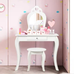 Kinder Schminktisch Frisiertisch Make-up Tisch mit Hocker und Spiegel Weiß