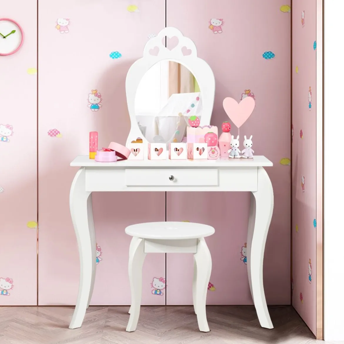 Kinder Schminktisch Frisiertisch Make-up Tisch mit Hocker und Spiegel Weiß