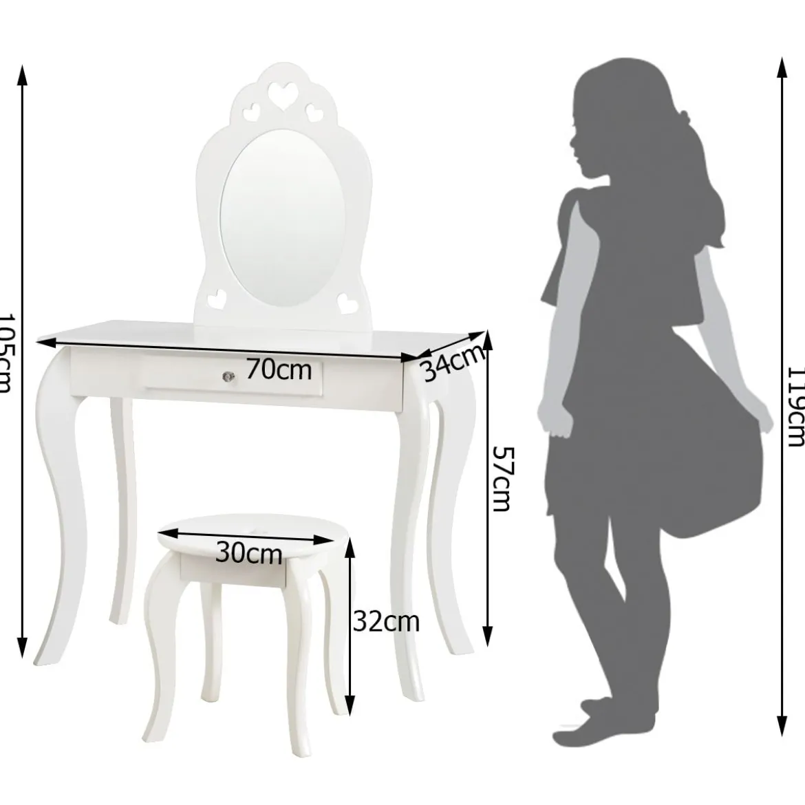 Kinder Schminktisch Frisiertisch Make-up Tisch mit Hocker und Spiegel Weiß