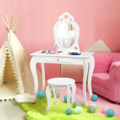 Kinder Schminktisch Frisiertisch Make-up Tisch mit Hocker und Spiegel Weiß
