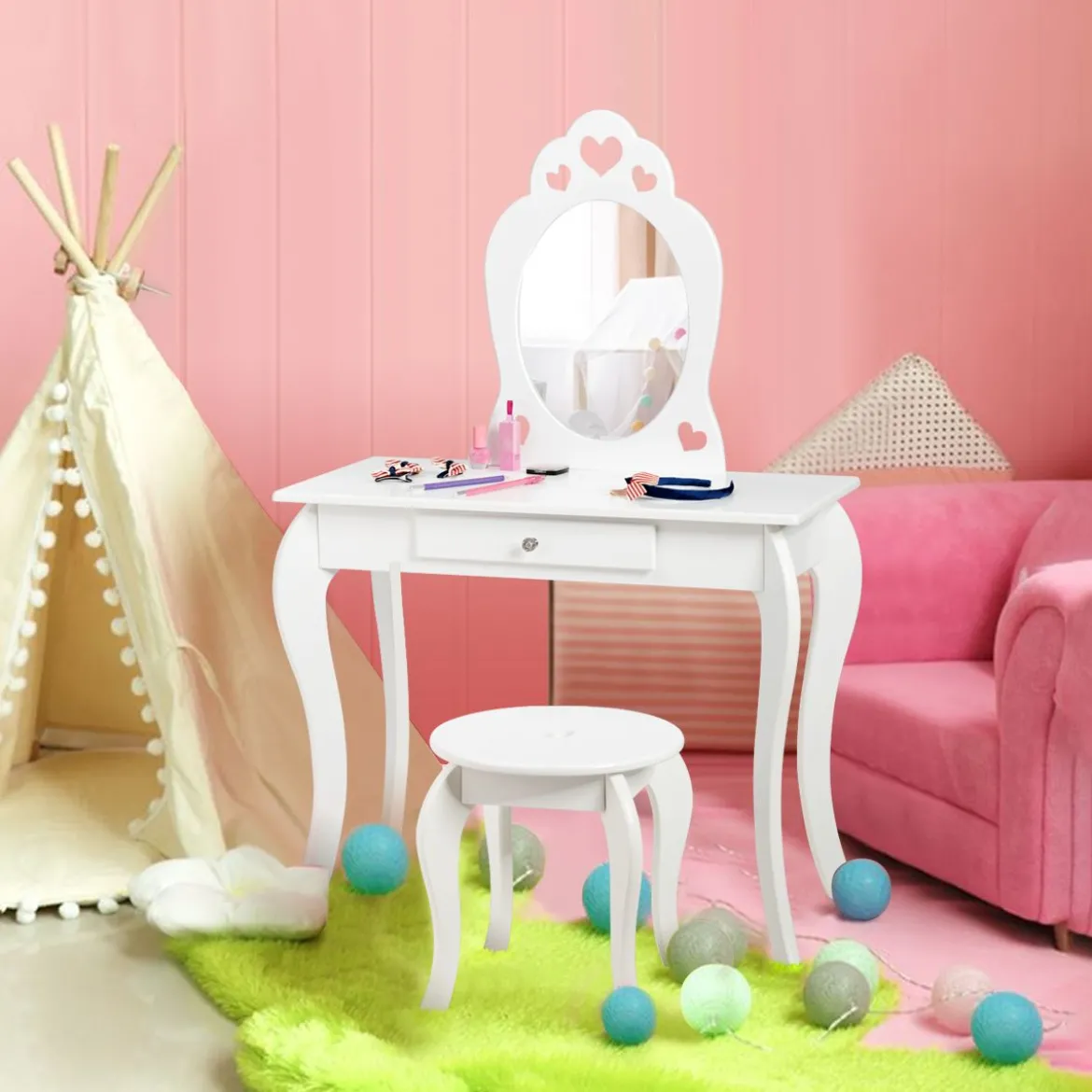 Kinder Schminktisch Frisiertisch Make-up Tisch mit Hocker und Spiegel Weiß