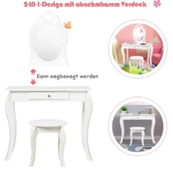 Kinder Schminktisch Frisiertisch Make-up Tisch mit Hocker und Spiegel Weiß