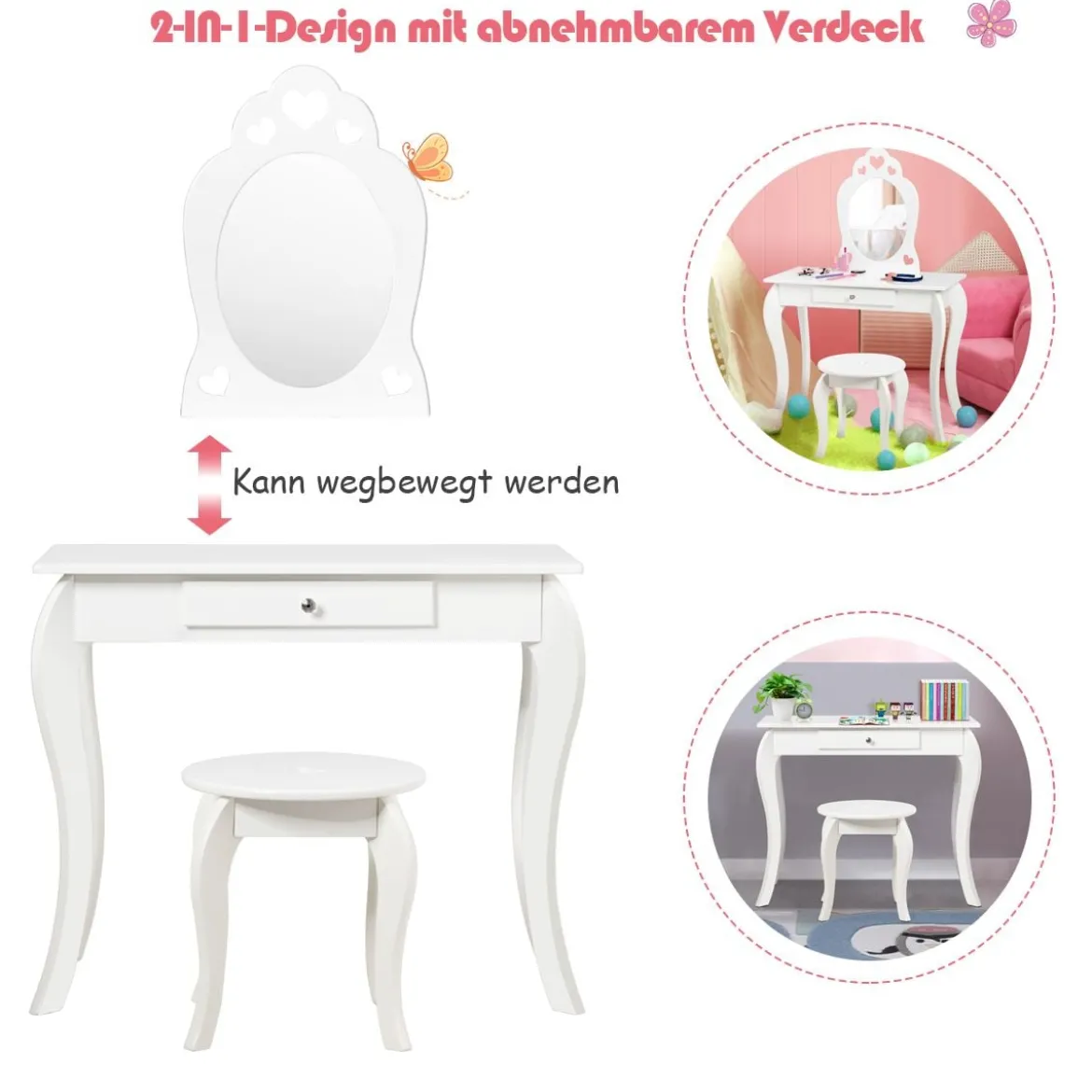 Kinder Schminktisch Frisiertisch Make-up Tisch mit Hocker und Spiegel Weiß