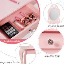 Kinder Schminktisch Frisiertisch Make-up Tisch mit Hocker und Spiegel Rosa