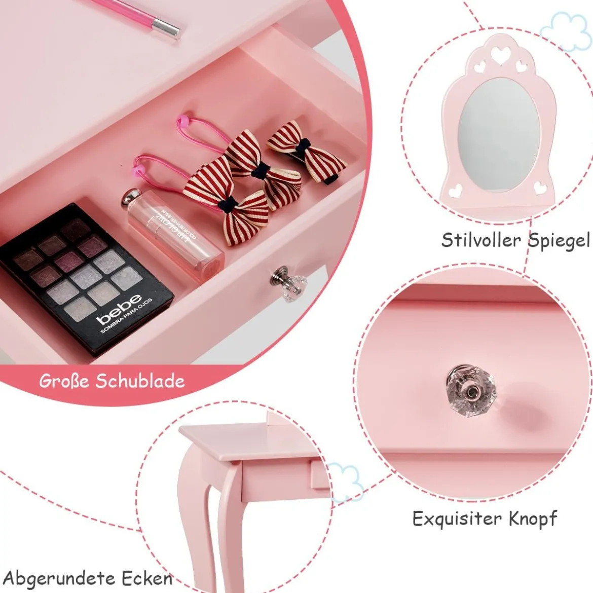Kinder Schminktisch Frisiertisch Make-up Tisch mit Hocker und Spiegel Rosa