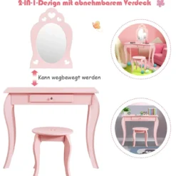 Kinder Schminktisch Frisiertisch Make-up Tisch mit Hocker und Spiegel Rosa