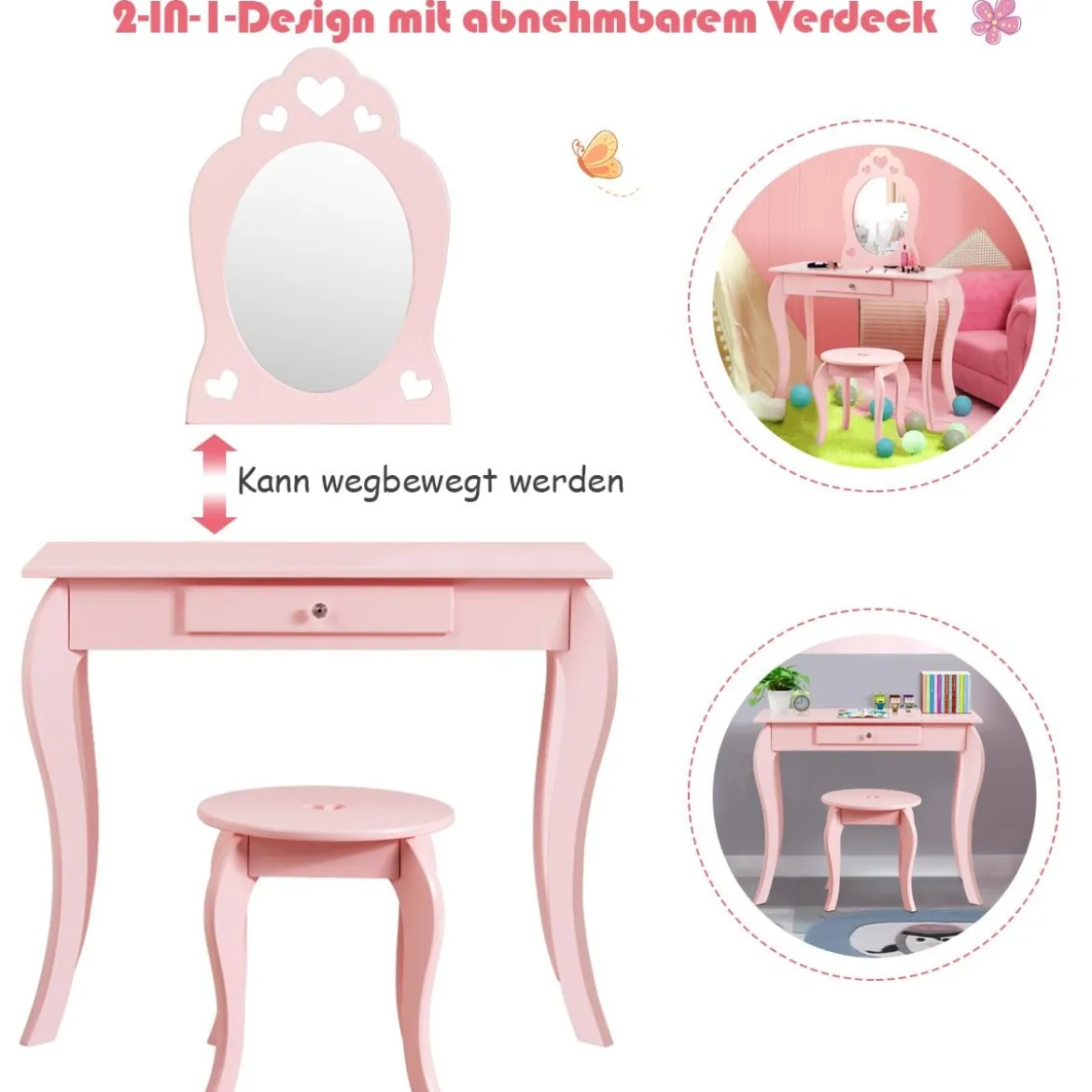 Kinder Schminktisch Frisiertisch Make-up Tisch mit Hocker und Spiegel Rosa