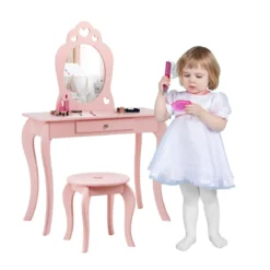 Kinder Schminktisch Frisiertisch Make-up Tisch mit Hocker und Spiegel Rosa