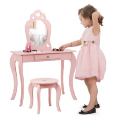 Kinder Schminktisch Frisiertisch Make-up Tisch mit Hocker und Spiegel Rosa