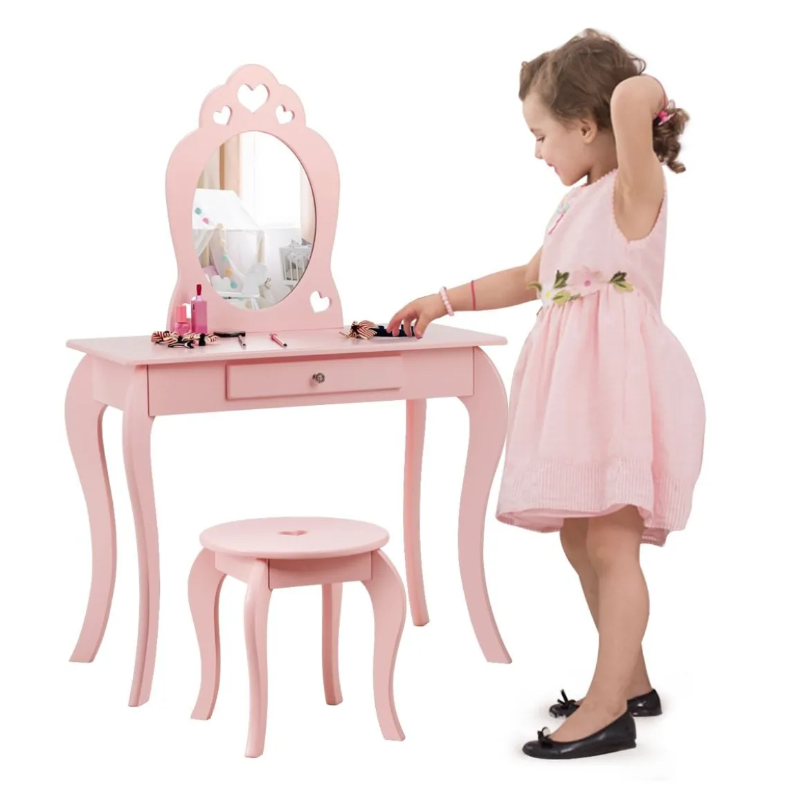 Kinder Schminktisch Frisiertisch Make-up Tisch mit Hocker und Spiegel Rosa