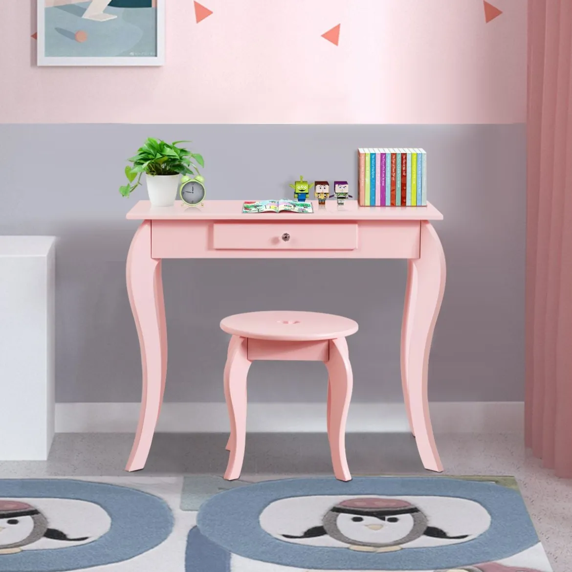 Kinder Schminktisch Frisiertisch Make-up Tisch mit Hocker und Spiegel Rosa