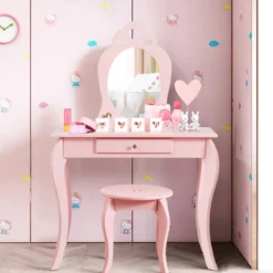 Kinder Schminktisch Frisiertisch Make-up Tisch mit Hocker und Spiegel Rosa