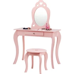 Kinder Schminktisch Frisiertisch Make-up Tisch mit Hocker und Spiegel Rosa