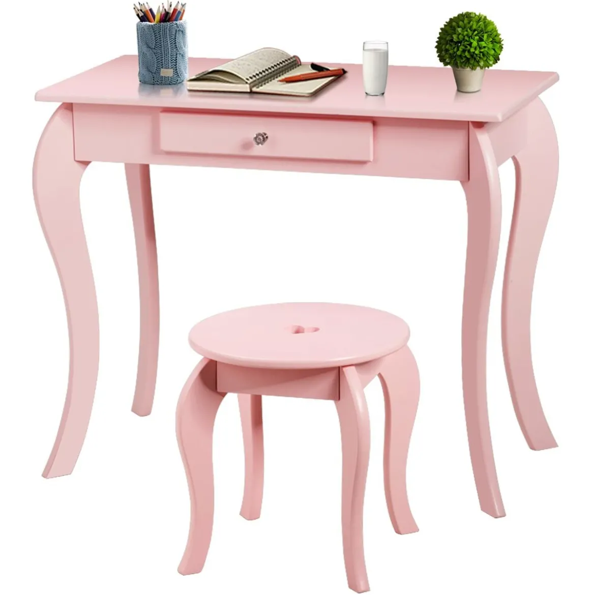 Kinder Schminktisch Frisiertisch Make-up Tisch mit Hocker und Spiegel Rosa