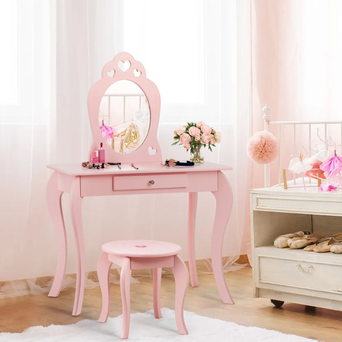 Kinder Schminktisch Frisiertisch Make-up Tisch mit Hocker und Spiegel Rosa