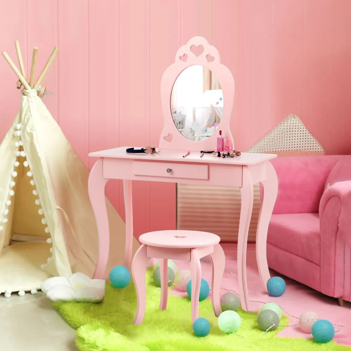 Kinder Schminktisch Frisiertisch Make-up Tisch mit Hocker und Spiegel Rosa