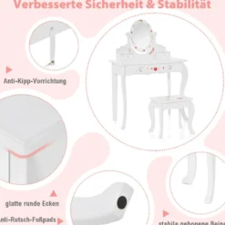 Kinder Schminktisch & Hocker Set Schminktisch mit 360° drehbarem Spiegel Weiß