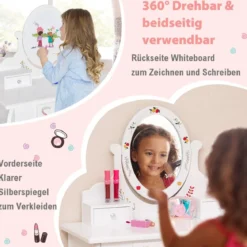 Kinder Schminktisch & Hocker Set Schminktisch mit 360° drehbarem Spiegel Weiß