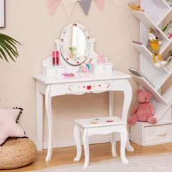 Kinder Schminktisch & Hocker Set Schminktisch mit 360° drehbarem Spiegel Weiß