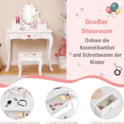 Kinder Schminktisch & Hocker Set Schminktisch mit 360° drehbarem Spiegel Weiß