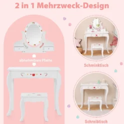 Kinder Schminktisch & Hocker Set Schminktisch mit 360° drehbarem Spiegel Weiß
