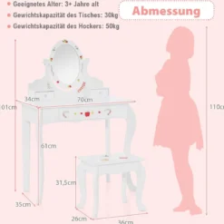 Kinder Schminktisch & Hocker Set Schminktisch mit 360° drehbarem Spiegel Weiß