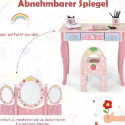 Kinder Schminktisch Kinder Frisier-Set mit Spiegel 70 x 34 x 105 cm Rosa