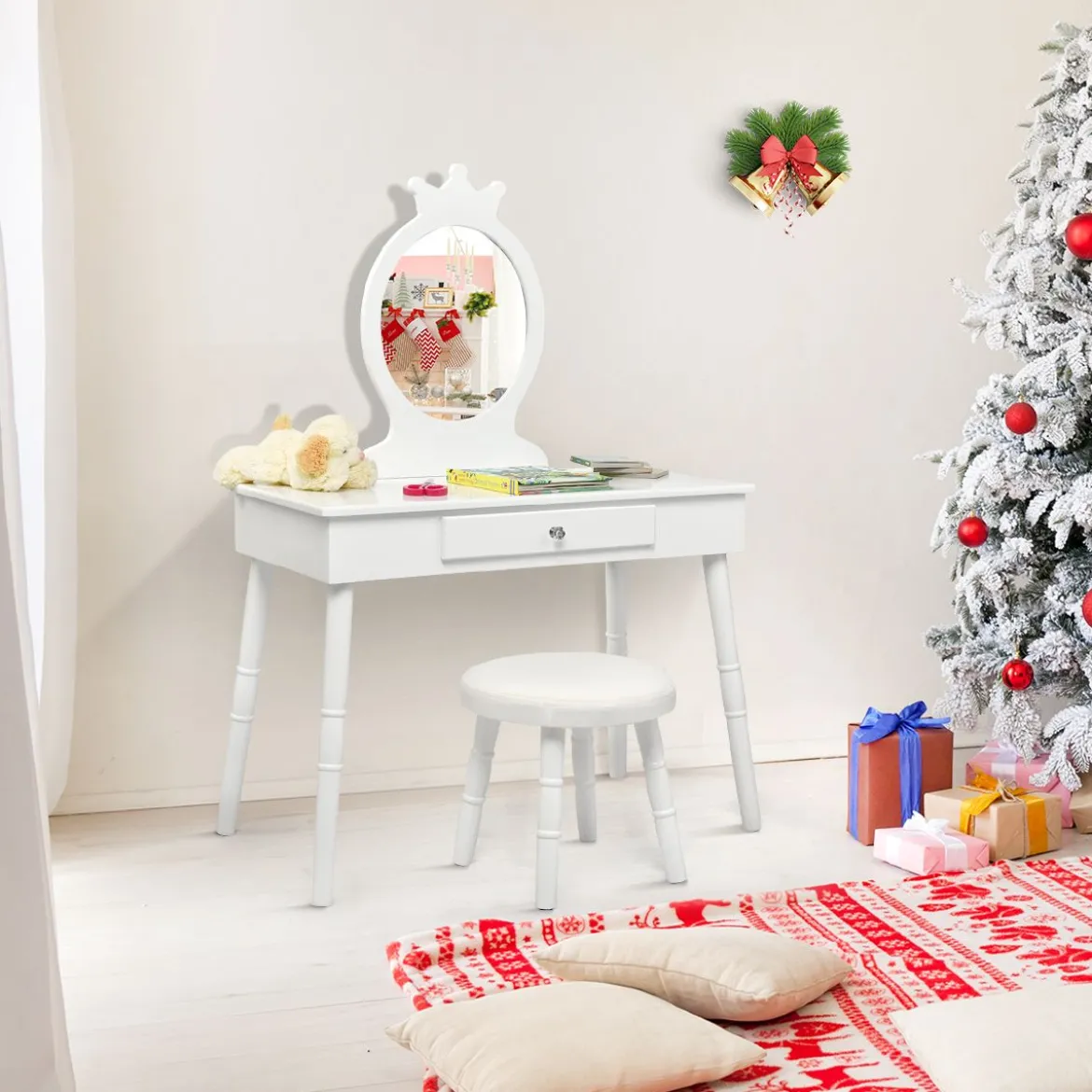Kinder Schminktisch Make-up Tisch Hocker&Spiegel Frisierkommode Frisiertisch Weiß