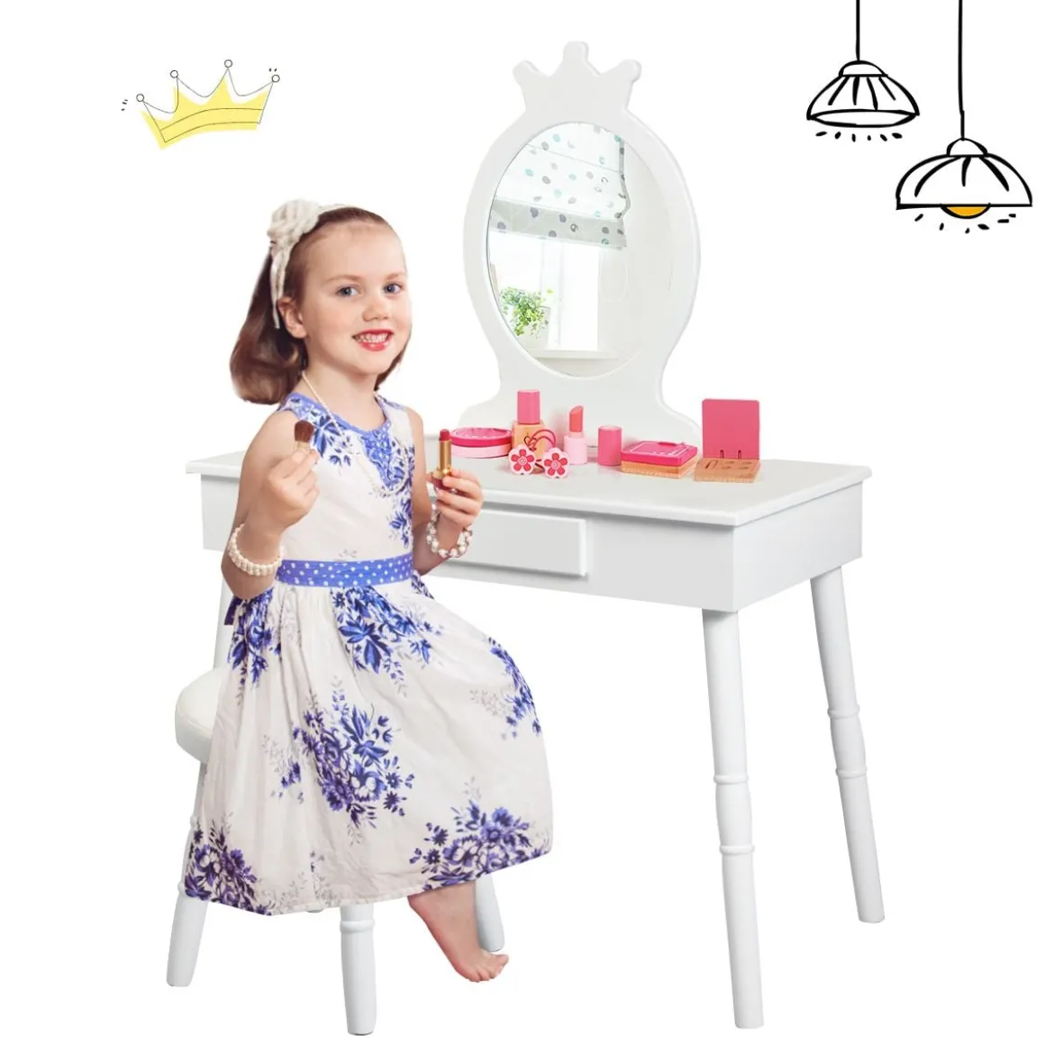 Kinder Schminktisch Make-up Tisch Hocker&Spiegel Frisierkommode Frisiertisch Weiß