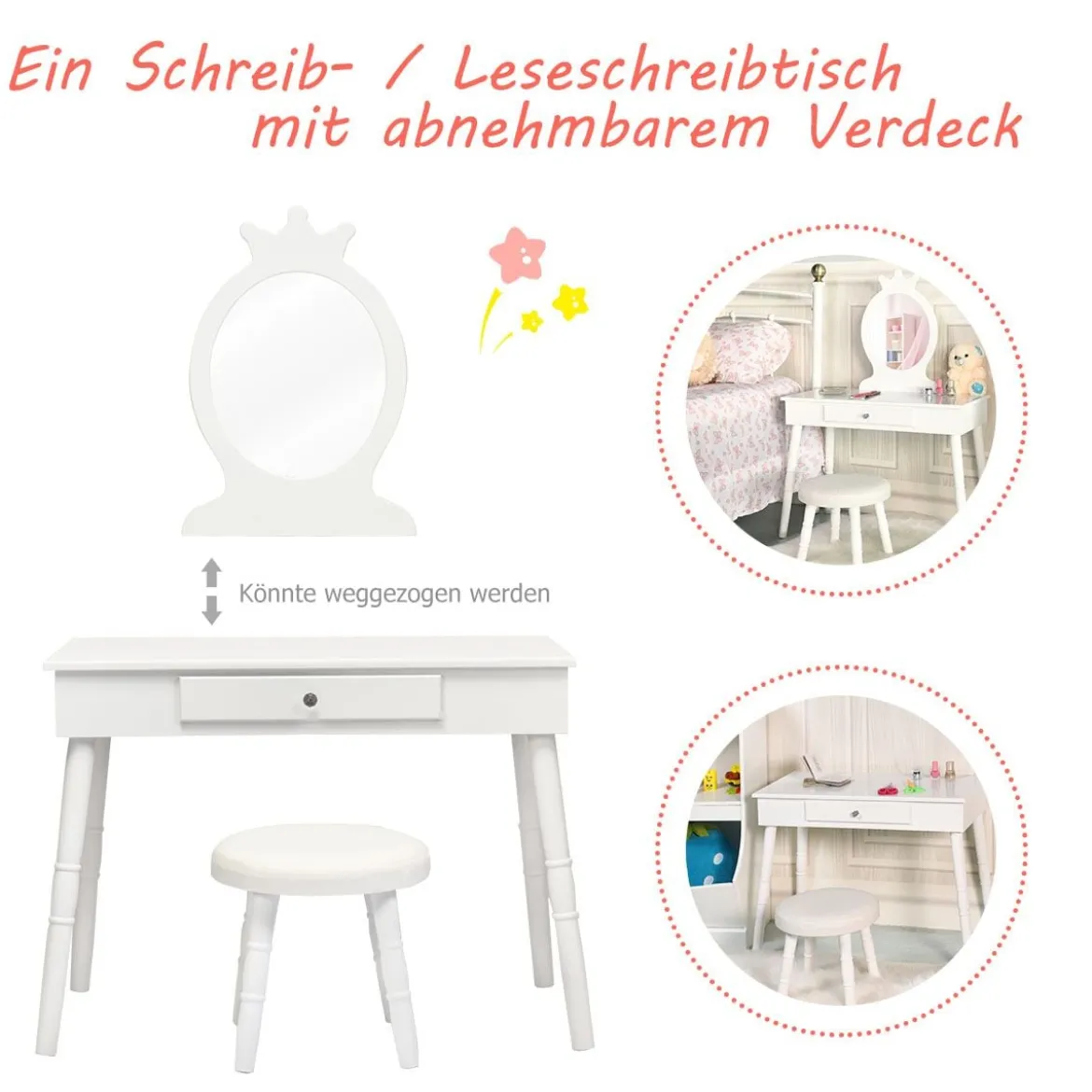 Kinder Schminktisch Make-up Tisch Hocker&Spiegel Frisierkommode Frisiertisch Weiß