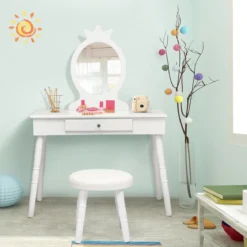 Kinder Schminktisch Make-up Tisch Hocker&Spiegel Frisierkommode Frisiertisch Weiß